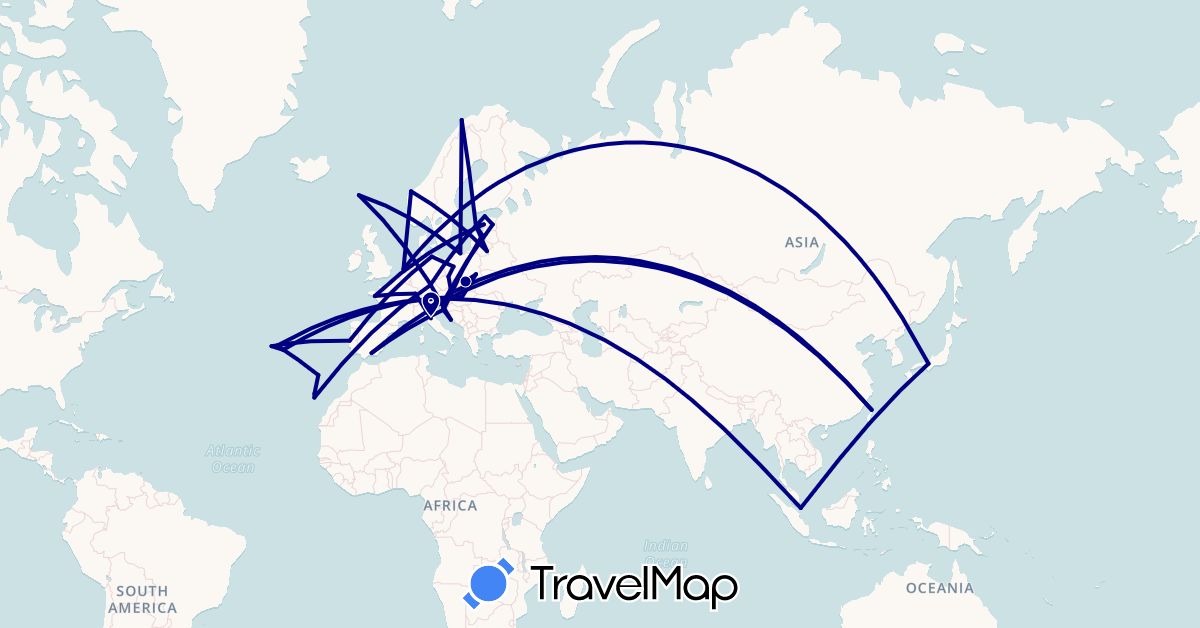TravelMap itinerary: driving in Austria, Germany, Estonia, Spain, Faroe Islands, France, Croatia, Hungary, Italy, Japan, Lithuania, Latvia, Netherlands, Norway, Poland, Portugal, Singapore, Taiwan (Asia, Europe)
