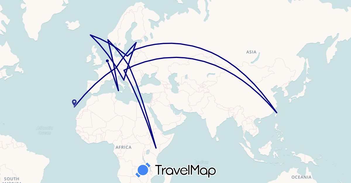 TravelMap itinerary: driving in Austria, Germany, Estonia, Spain, Faroe Islands, Croatia, Italy, Kenya, Latvia, Netherlands, Norway, Poland, Taiwan (Africa, Asia, Europe)